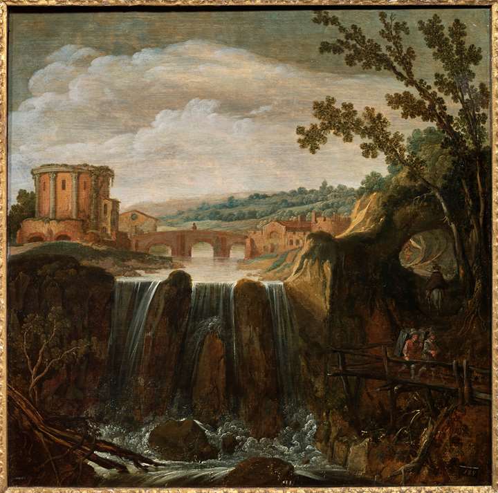 A Landscape with a wooden bridge over waterfalls